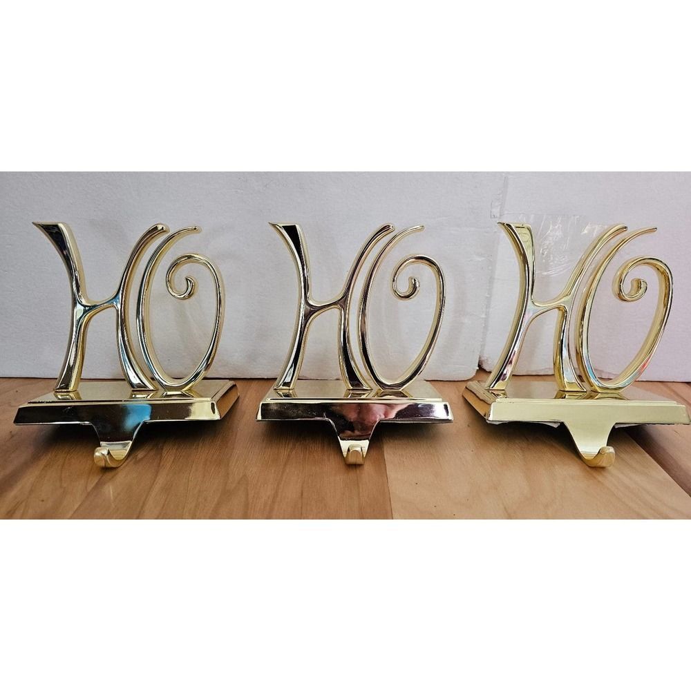 3 Pottery barn Ho Ho Ho Stocking Holders In Original Box Christmas Brass golden - Picture 4 of 5